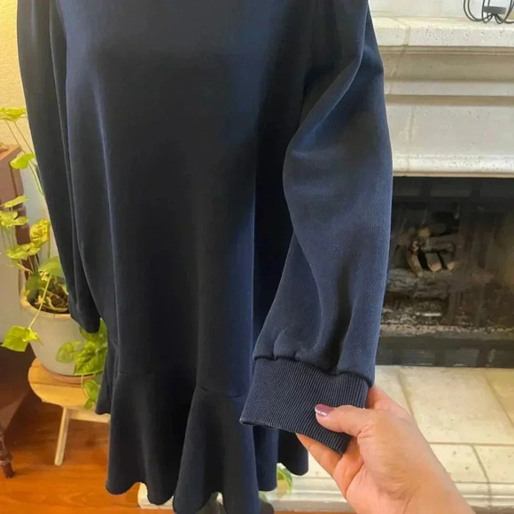 La Vie Rebecca Taylor Sweater Dress XL Blue Drop Waist Ruffle Hem Pockets Chic - Picture 10 of 13